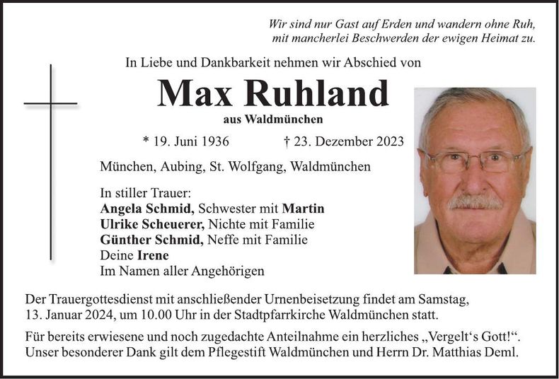 Traueranzeige Max Ruhland