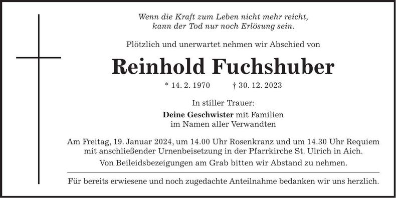 Traueranzeige Reinhold Fuchshuber