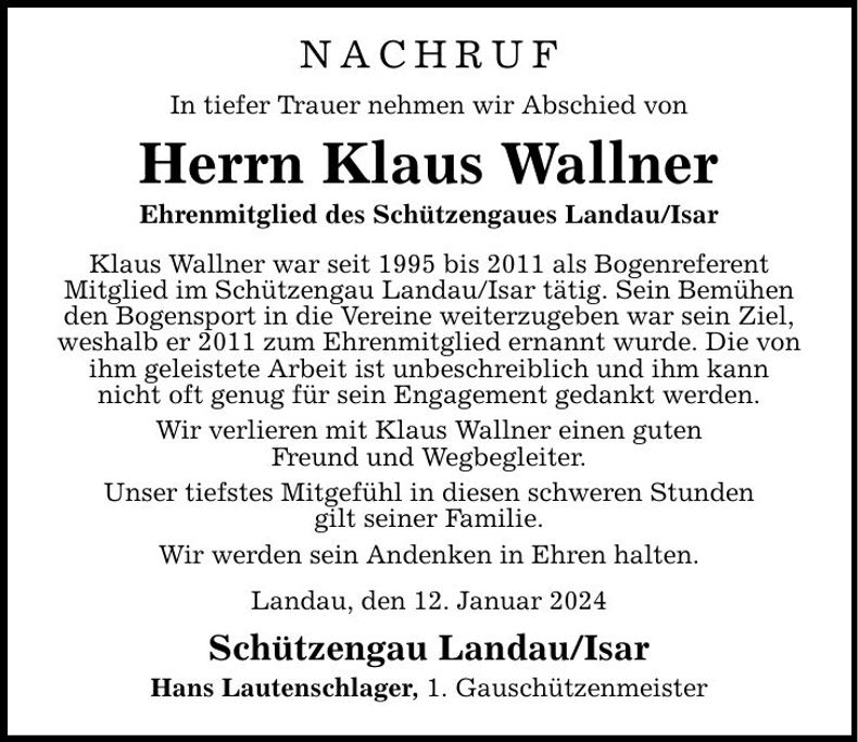 Traueranzeige Klaus Wallner