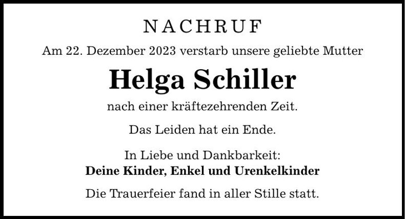 Traueranzeige Helga Schiller