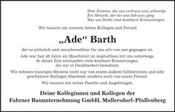 Traueranzeige Adolf Barth