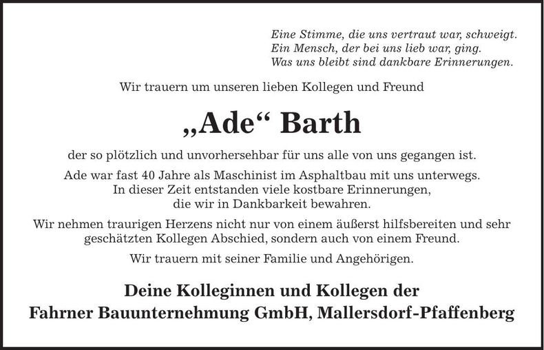 Traueranzeige Adolf Barth