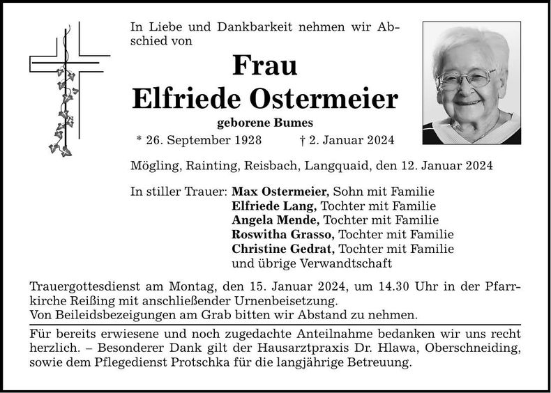 Traueranzeige Elfriede Ostermeier