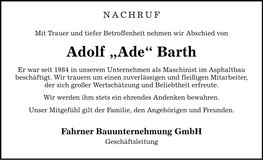 Traueranzeige Adolf Barth