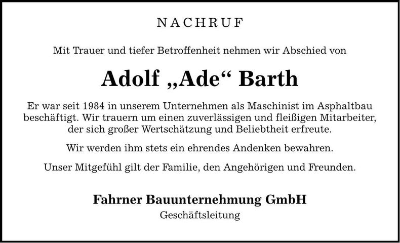 Traueranzeige Adolf Barth