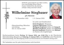 Traueranzeige Wilhelmine Stegbauer