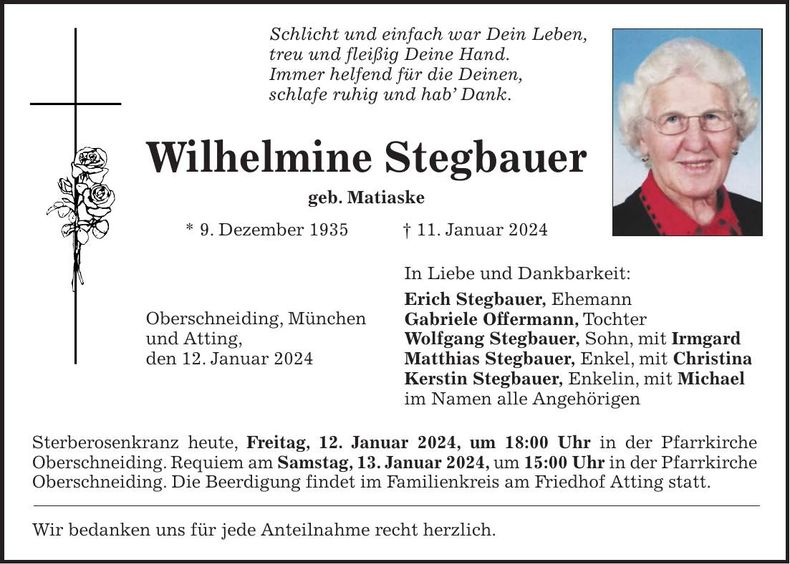 Traueranzeige Wilhelmine Stegbauer