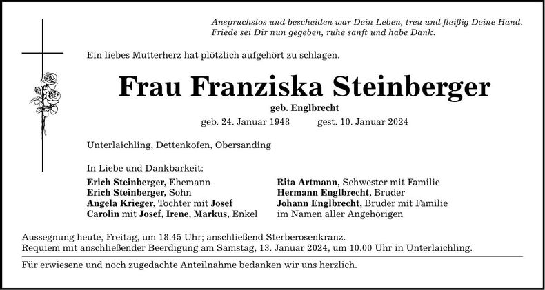Traueranzeige Franziska Steinberger