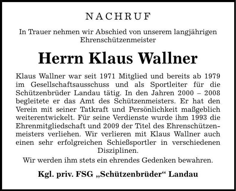 Traueranzeige Klaus Wallner