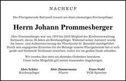 Traueranzeige Johann Prommesberger