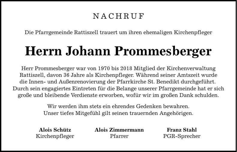 Traueranzeige Johann Prommesberger