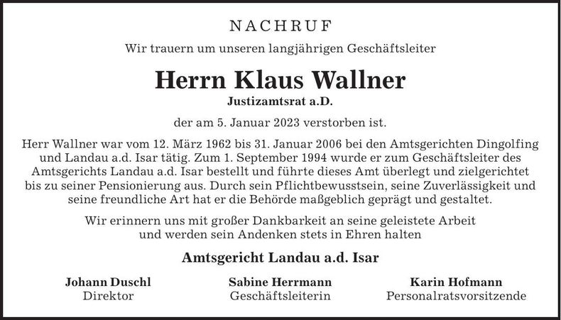 Traueranzeige Klaus Wallner