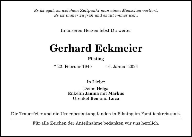 Traueranzeige Gerhard Eckmeier