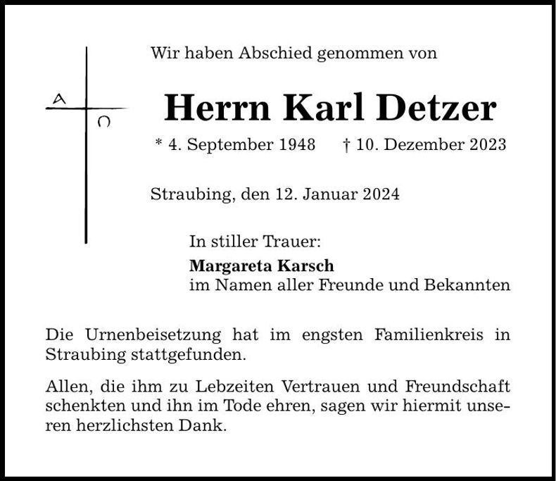 Traueranzeige Karl Detzer