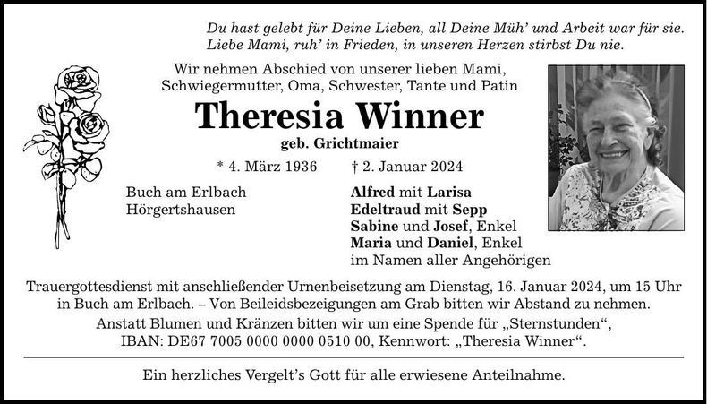 Traueranzeige Theresia Winner