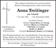 Traueranzeige Anna Treitinger