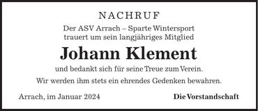 Traueranzeige Johann Klement