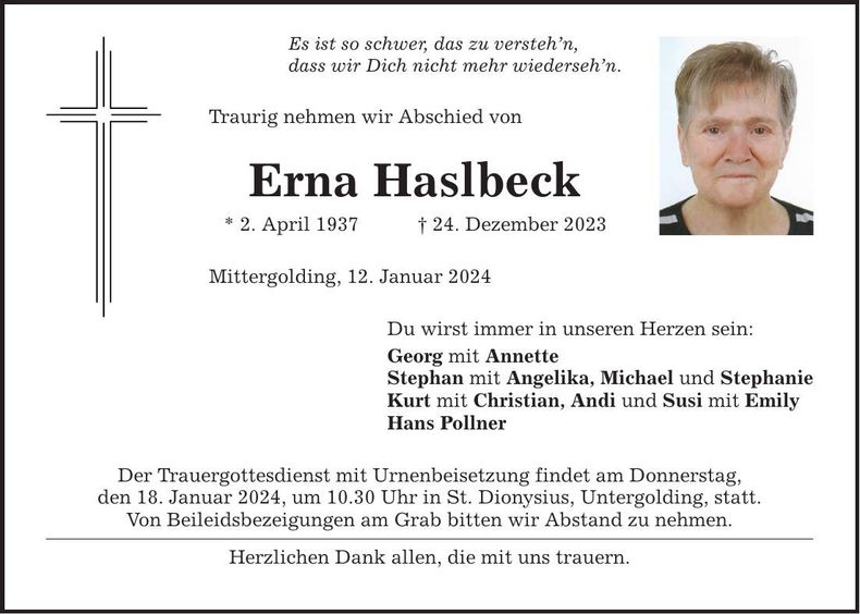 Traueranzeige Erna Haslbeck