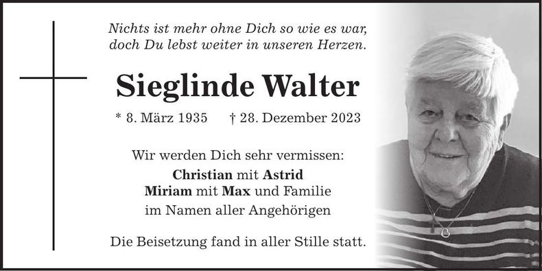 Traueranzeige Sieglinde Walter