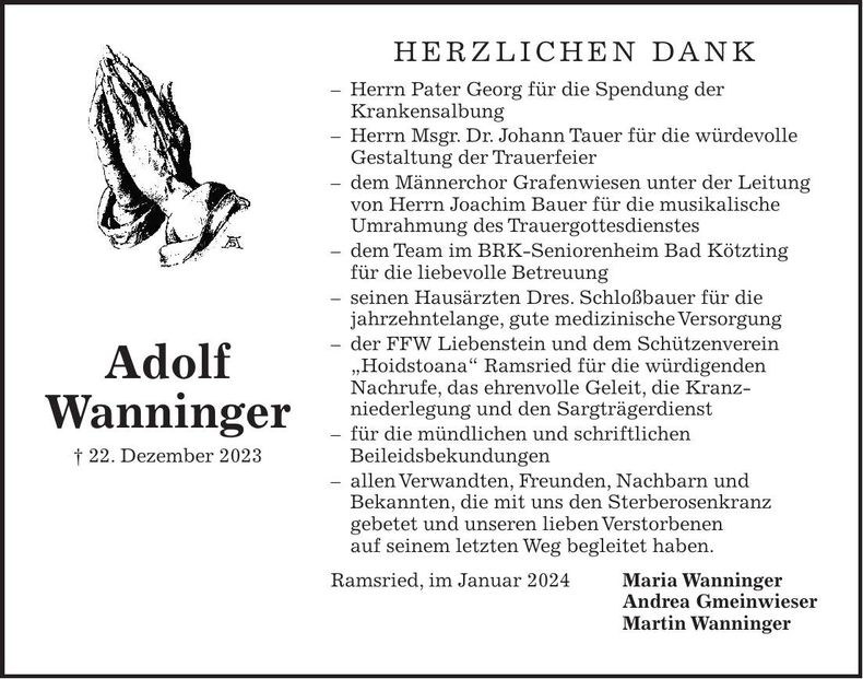 Traueranzeige Adolf Wanninger