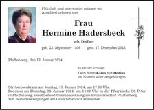 Traueranzeige Hermine Hadersbeck