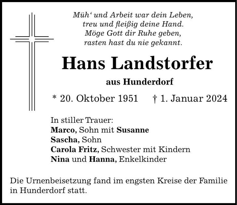 Traueranzeige Hans Landsdorfer