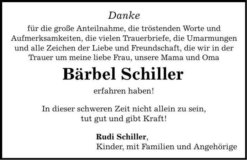 Traueranzeige Bärbel Schiller