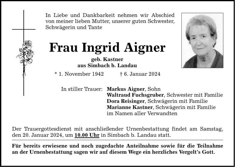 Traueranzeige Ingrid Aigner