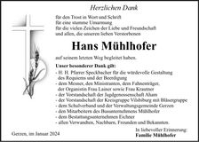 Traueranzeige Hans Mühlhofer