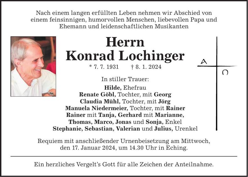 Traueranzeige Konrad Lochinger