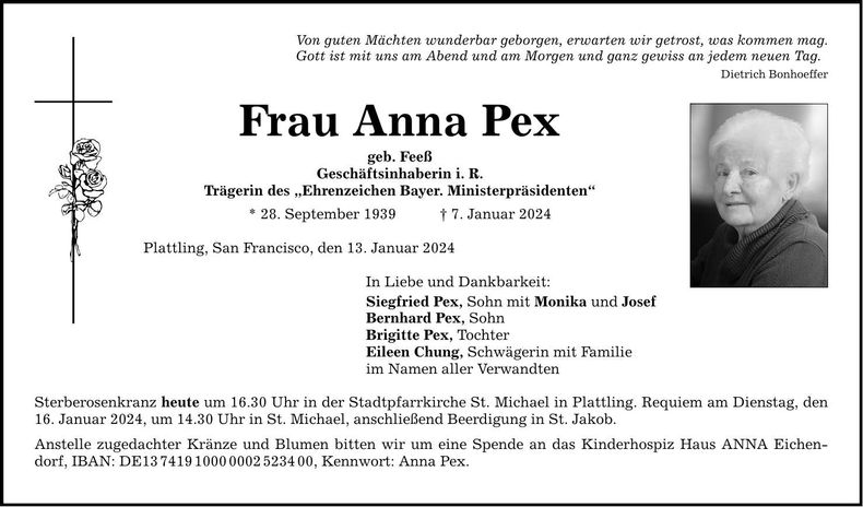 Traueranzeige Anna Pex