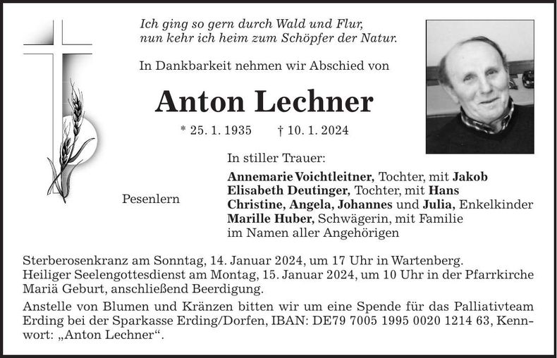 Traueranzeige Anton Lechner