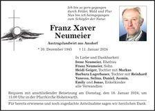 Traueranzeige Franz Xaver Neumeier