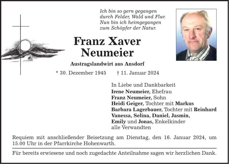 Traueranzeige Franz Xaver Neumeier