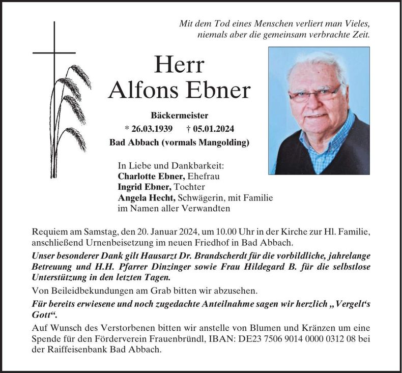 Traueranzeige Alfons Ebner