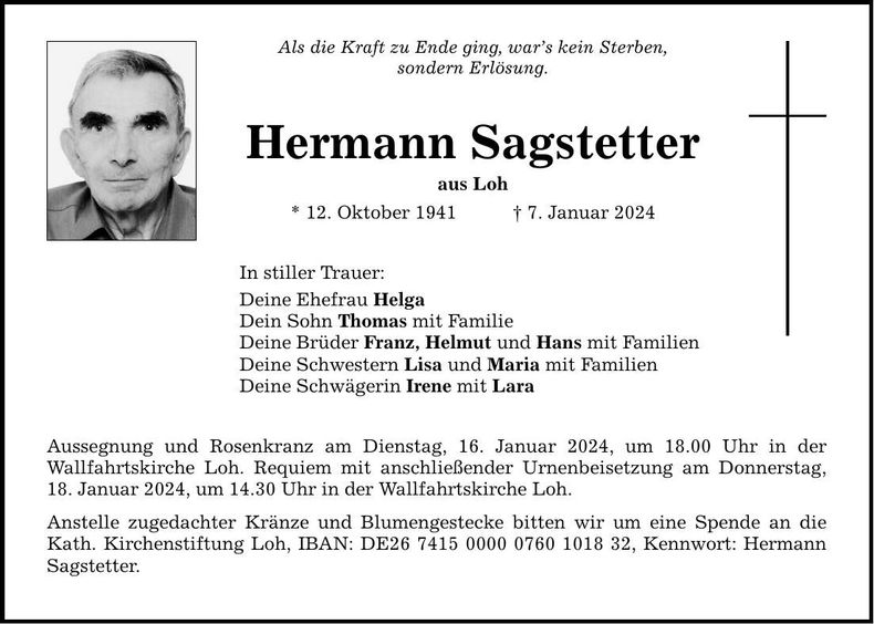 Traueranzeige Hermann Sagstetter