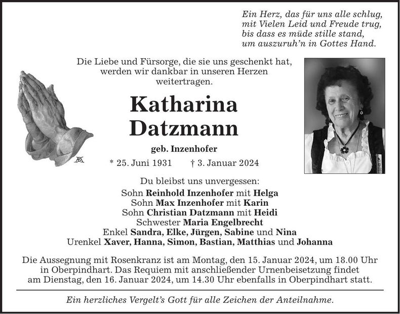 Traueranzeige Katharina Datzmann Katharina Datzmann