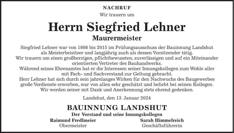 Traueranzeige Siegfried Lehner