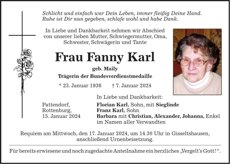 Traueranzeige Fanny Karl