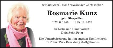 Traueranzeige Rosmarie Kunz