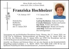 Traueranzeige Franziska Hochholzer