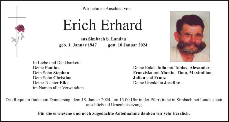 Traueranzeige Erich Erhard
