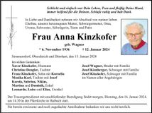 Traueranzeige Anna Kinzkofer
