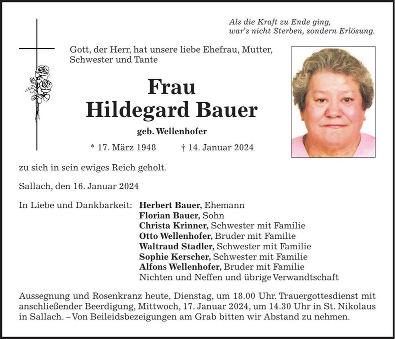 Traueranzeige Hildgard Bauer