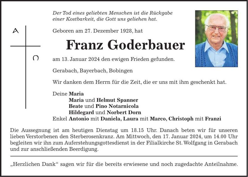 Traueranzeige Franz Goderbauer