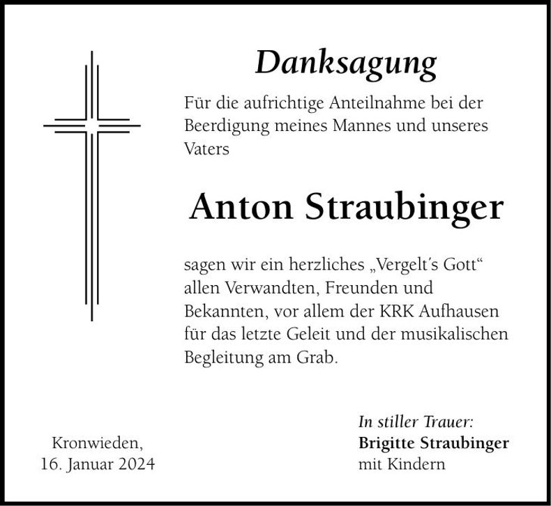 Traueranzeige Anton Straubinger