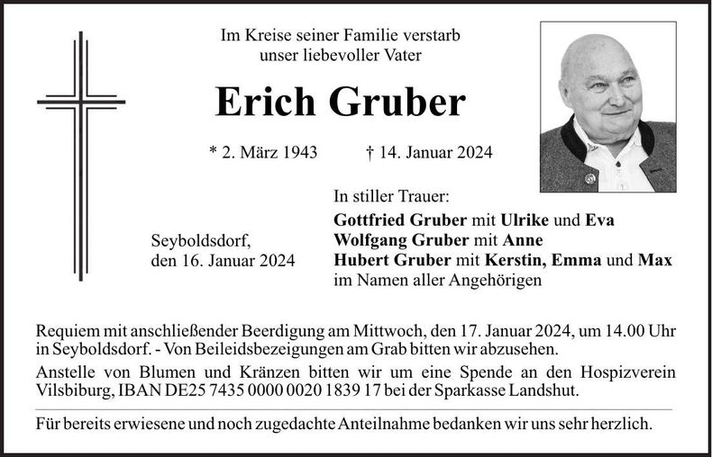 Traueranzeige Erich Gruber