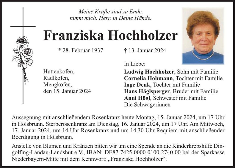 Traueranzeige Franziska Hochholzer