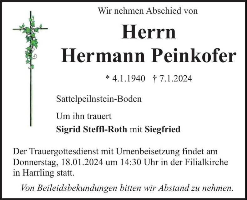 Traueranzeige Hermann Peinkofer