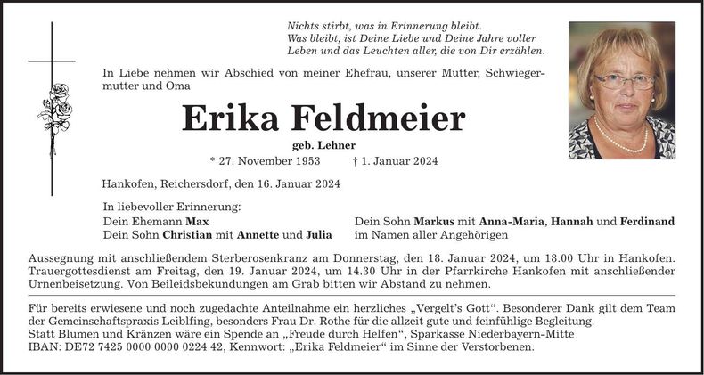 Traueranzeige Erika Feldmeier